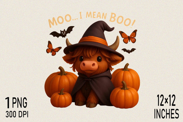Highland cow in witch hat with pumpkins Sublimation SVGArt 