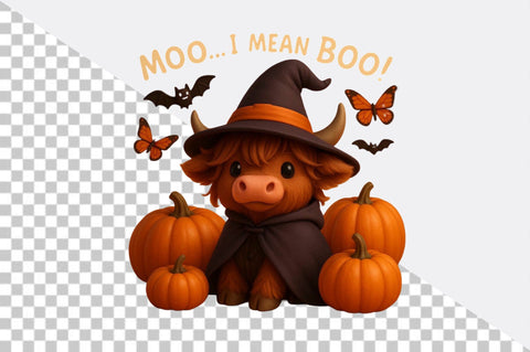 Highland cow in witch hat with pumpkins Sublimation SVGArt 