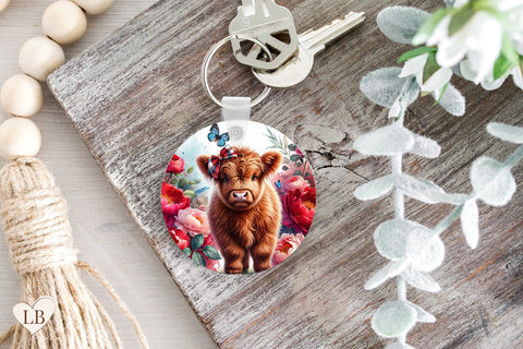 Highland Cow Keychain Sublimation, Peony Key Ring PNG Sublimation BijouBay 
