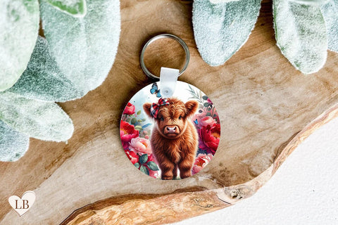 Highland Cow Keychain Sublimation, Peony Key Ring PNG Sublimation BijouBay 