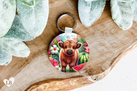 Highland Cow Keychain Sublimation, Tropical Key Ring PNG Sublimation BijouBay 