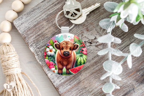 Highland Cow Keychain Sublimation, Tropical Key Ring PNG Sublimation BijouBay 