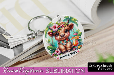 Highland Cow Keychain - Summer Beach Keychain Sublimation Sublimation OrangeBrushStudio 
