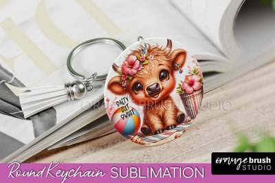 Highland Cow Keychain - Summer Beach Keychain Sublimation Sublimation OrangeBrushStudio 