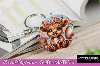 Highland Cow Keychain - Summer Beach Keychain Sublimation Sublimation OrangeBrushStudio 