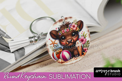 Highland Cow Keychain - Summer Beach Keychain Sublimation Sublimation OrangeBrushStudio 