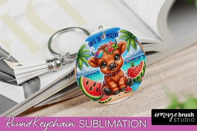 Highland Cow Keychain - Summer Beach Keychain Sublimation Sublimation OrangeBrushStudio 