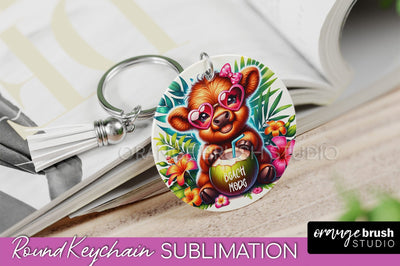 Highland Cow Keychain - Summer Beach Keychain Sublimation Sublimation OrangeBrushStudio 