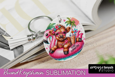 Highland Cow Keychain - Summer Beach Keychain Sublimation Sublimation OrangeBrushStudio 