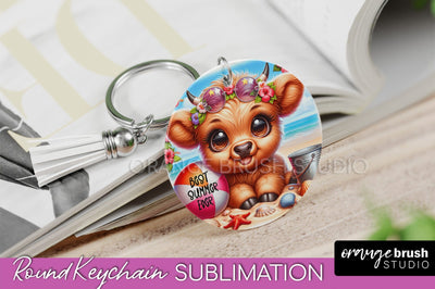 Highland Cow Keychain - Summer Beach Keychain Sublimation Sublimation OrangeBrushStudio 