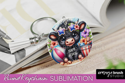 Highland Cow Keychain - Summer Beach Keychain Sublimation Sublimation OrangeBrushStudio 