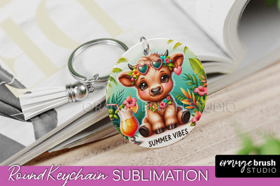 Highland Cow Keychain - Summer Beach Keychain Sublimation Sublimation OrangeBrushStudio 