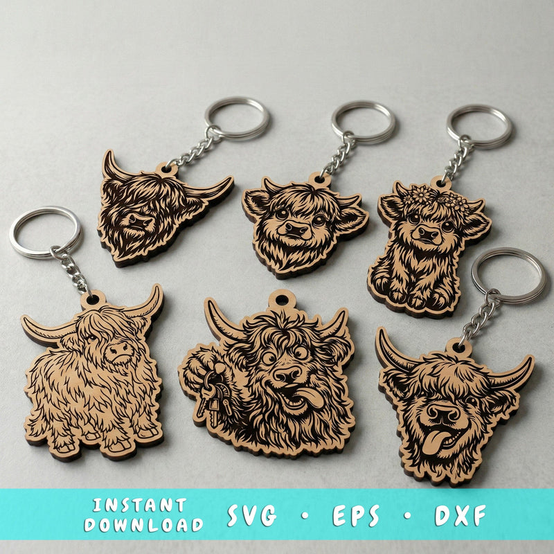 Highland Cow Keychain SVG Bundle, Cute Cow Laser Cut Files, Farm Animal Wooden Keyring DXF EPS Cricut Glowforge SVG HappyDesignStudio 