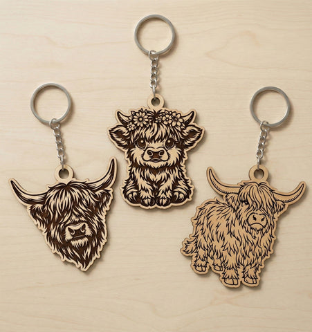 Highland Cow Keychain SVG Bundle, Cute Cow Laser Cut Files, Farm Animal Wooden Keyring DXF EPS Cricut Glowforge SVG HappyDesignStudio 