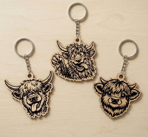 Highland Cow Keychain SVG Bundle, Cute Cow Laser Cut Files, Farm Animal Wooden Keyring DXF EPS Cricut Glowforge SVG HappyDesignStudio 