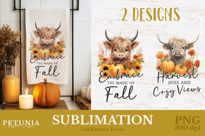 Highland Cow Kitchen Towel | Fall Kitchen Towel PNG Sublimation Petunia Digital Design 
