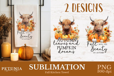 Highland Cow Kitchen Towel | Fall Kitchen Towel PNG Sublimation Petunia Digital Design 