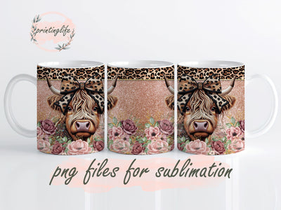 Highland Cow Leopard Glitter Mug Wrap Design, Instant Digital Design Download Mug Wrap Design, Mug Design PNG Sublimation PrintingLife 