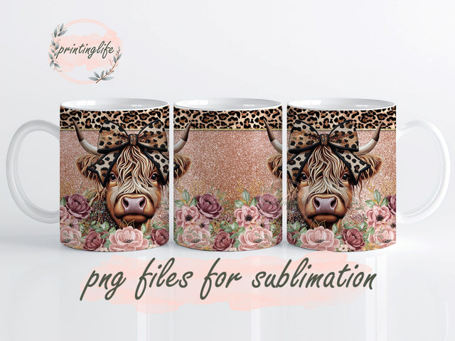 Highland Cow Leopard Glitter Mug Wrap Design, Instant Digital Design Download Mug Wrap Design, Mug Design PNG Sublimation PrintingLife 