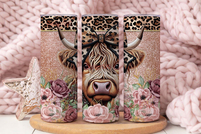 Highland Cow Leopard Glitter Seamless Wrap 20 oz Skinny Tumbler, Cute baby Highland Design, Highland Tumbler PNG, Instant Digital Download Sublimation DesignSVG 