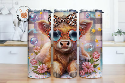 Highland Cow Leopard Heart Sunglasses 20 oz Skinny Tumbler Sublimation Design, Highland Cow Tumbler Wrap, Highland Cow PNG Sublimation Rabbitmakies 