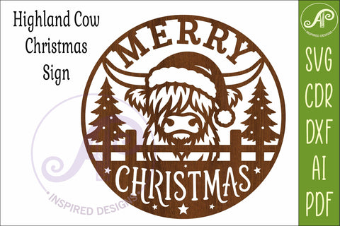 Highland Cow Merry Christmas Sign SVG Laser Cut File SVG APInspireddesigns 