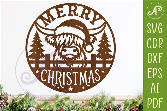 Highland Cow Merry Christmas Sign SVG Laser Cut File SVG APInspireddesigns 
