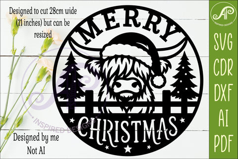 Highland Cow Merry Christmas Sign SVG Laser Cut File SVG APInspireddesigns 