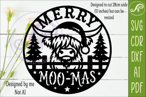 Highland Cow Merry Moo-Mas Sign SVG Laser Cut File SVG APInspireddesigns 