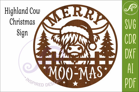 Highland Cow Merry Moo-Mas Sign SVG Laser Cut File SVG APInspireddesigns 