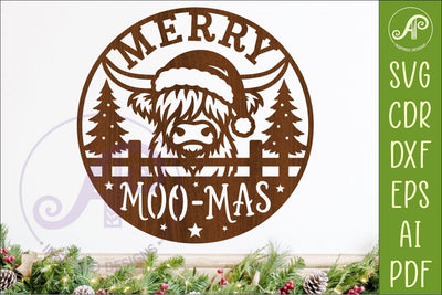 Highland Cow Merry Moo-Mas Sign SVG Laser Cut File SVG APInspireddesigns 