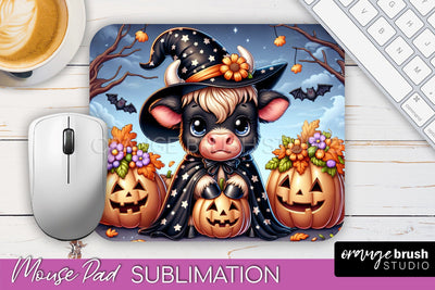 Highland Cow Mouse Pad, Cute Halloween Baby Cow Sublimation Sublimation OrangeBrushStudio 