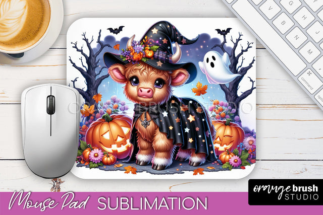 Highland Cow Mouse Pad, Cute Halloween Baby Cow Sublimation Sublimation OrangeBrushStudio 