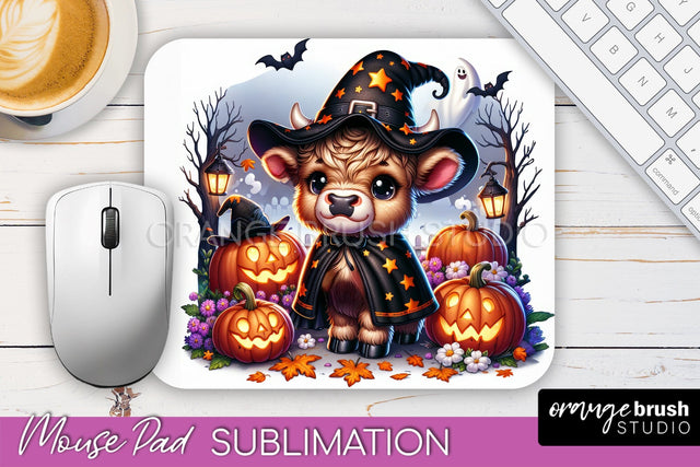 Highland Cow Mouse Pad, Cute Halloween Baby Cow Sublimation Sublimation OrangeBrushStudio 
