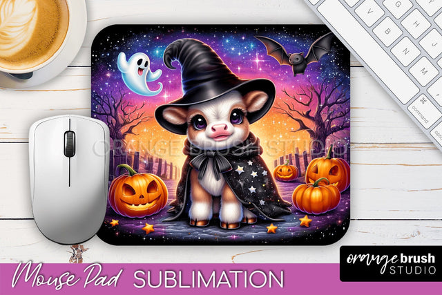 Highland Cow Mouse Pad, Cute Halloween Baby Cow Sublimation Sublimation OrangeBrushStudio 