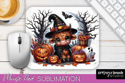 Highland Cow Mouse Pad, Cute Halloween Baby Cow Sublimation Sublimation OrangeBrushStudio 
