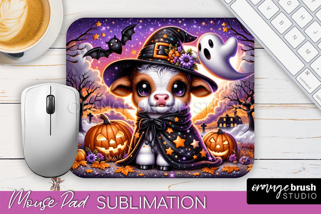 Highland Cow Mouse Pad, Cute Halloween Baby Cow Sublimation Sublimation OrangeBrushStudio 