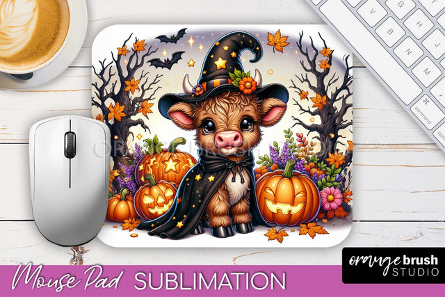 Highland Cow Mouse Pad, Cute Halloween Baby Cow Sublimation Sublimation OrangeBrushStudio 