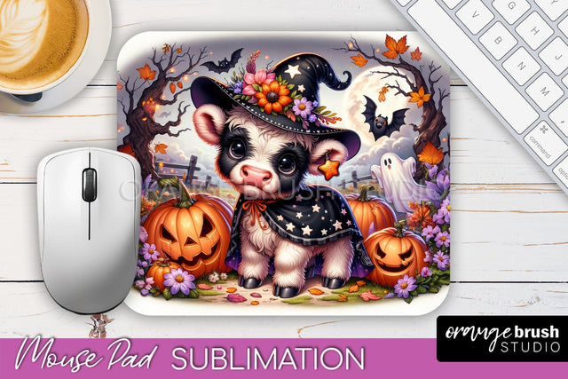 Highland Cow Mouse Pad, Cute Halloween Baby Cow Sublimation Sublimation OrangeBrushStudio 
