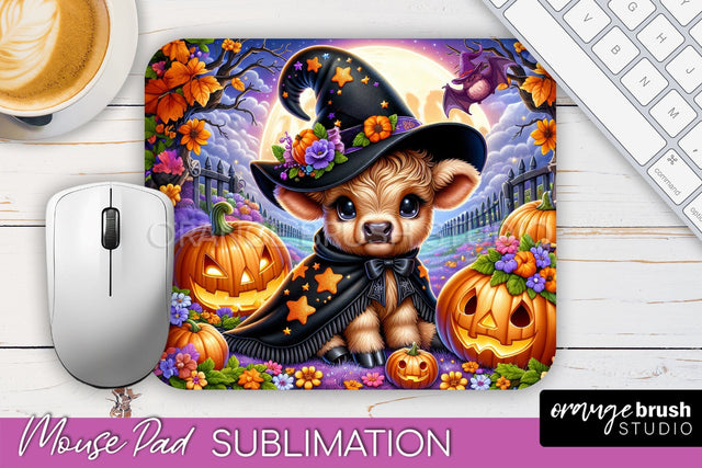 Highland Cow Mouse Pad, Cute Halloween Baby Cow Sublimation Sublimation OrangeBrushStudio 