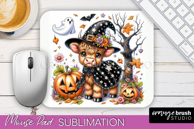 Highland Cow Mouse Pad, Cute Halloween Baby Cow Sublimation Sublimation OrangeBrushStudio 