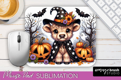 Highland Cow Mouse Pad, Cute Halloween Baby Cow Sublimation Sublimation OrangeBrushStudio 