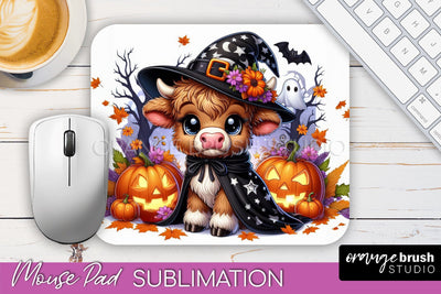 Highland Cow Mouse Pad, Cute Halloween Baby Cow Sublimation Sublimation OrangeBrushStudio 