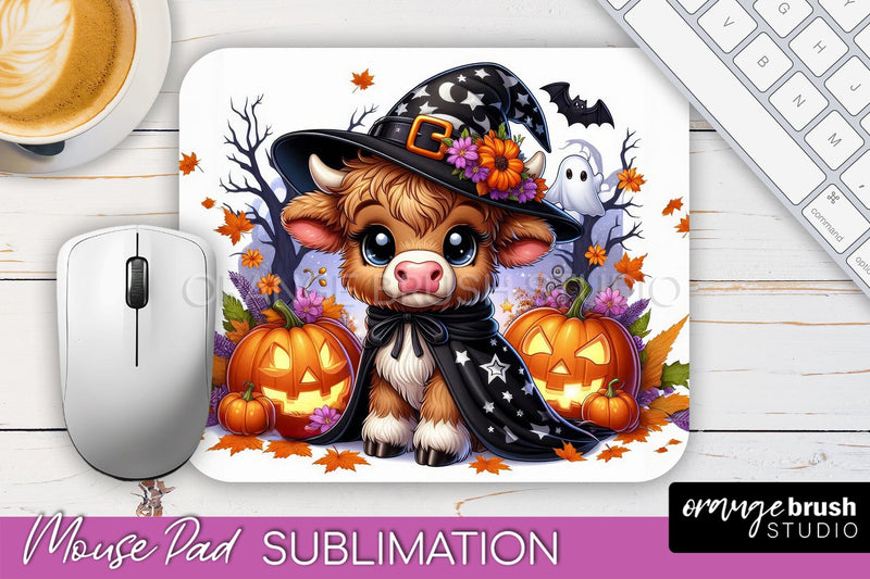 Highland Cow Mouse Pad, Cute Halloween Baby Cow Sublimation Sublimation OrangeBrushStudio 