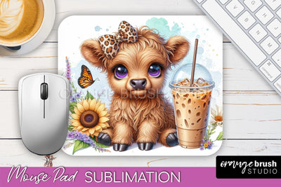 Highland Cow Mouse Pad Design - Coffee Sublimation Mousepad Sublimation OrangeBrushStudio 