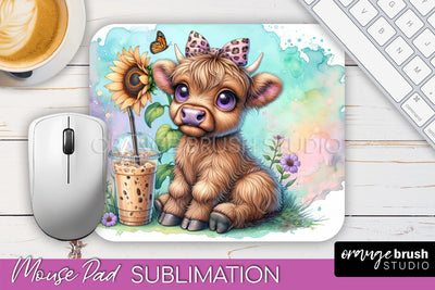 Highland Cow Mouse Pad Design - Coffee Sublimation Mousepad Sublimation OrangeBrushStudio 