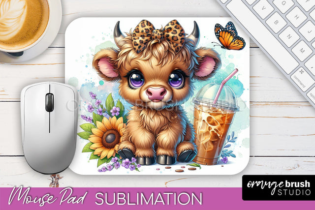 Highland Cow Mouse Pad Design - Coffee Sublimation Mousepad Sublimation OrangeBrushStudio 