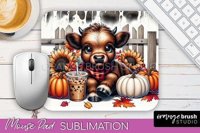 Highland Cow Mouse Pad, Fall Sunflower Sublimation Mousepad Sublimation OrangeBrushStudio 