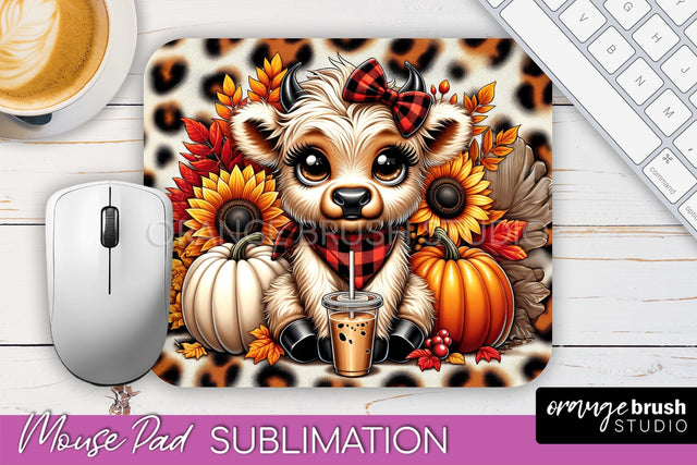 Highland Cow Mouse Pad, Fall Sunflower Sublimation Mousepad Sublimation OrangeBrushStudio 