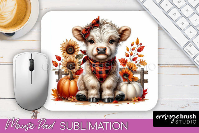 Highland Cow Mouse Pad, Fall Sunflower Sublimation Mousepad Sublimation OrangeBrushStudio 